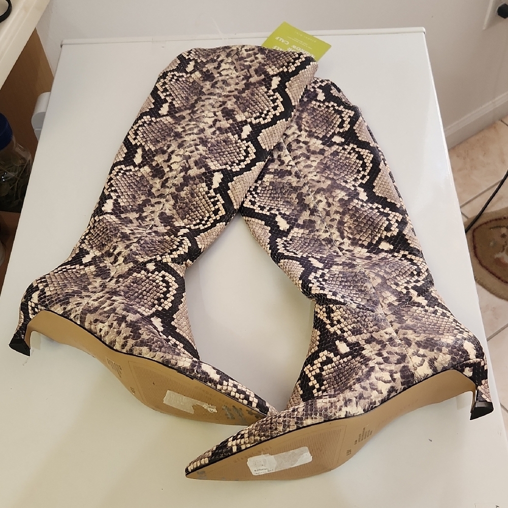 Gianni Bini Over-the-Knee Snakeskin Print Boots - Tan and Black - Picture 3 of 12